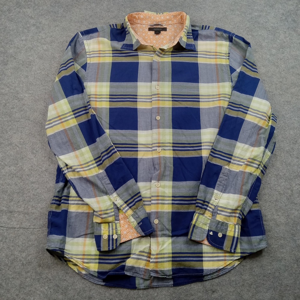 Express Shirt Mens Large Blue Green Plaid Long Sleeve Button Front Modern Fit